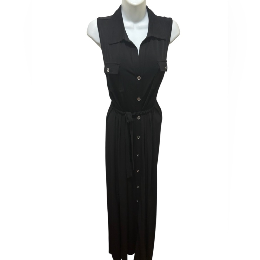 Michael Michael Kors Polo Maxi Dress Black Size XL Belted Slinky Knit Collared